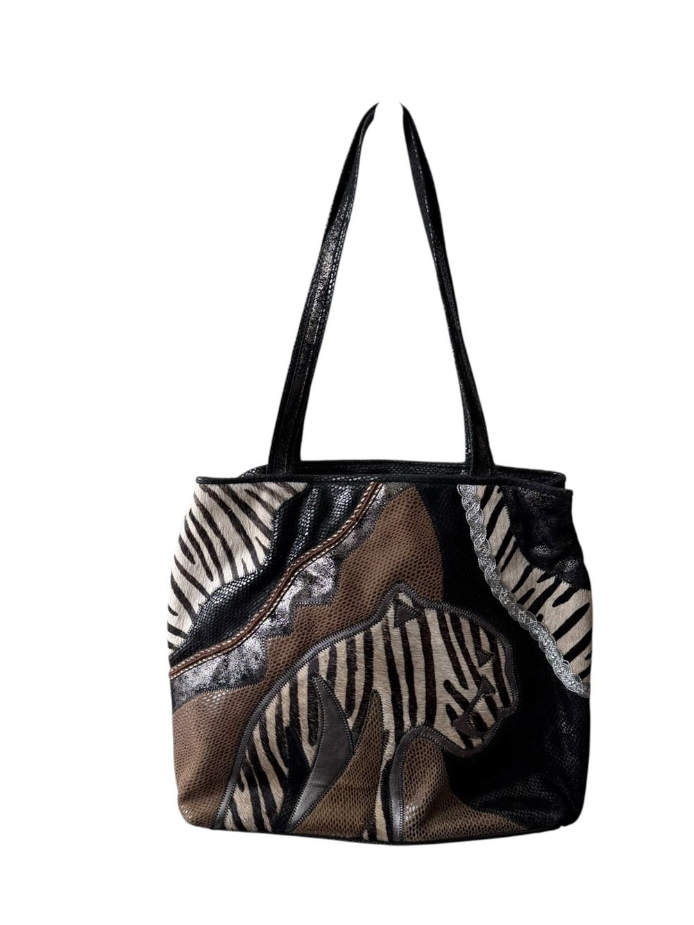 Sharif Vintage Zebra Patchwork Leather Tote Shoulder Bag
